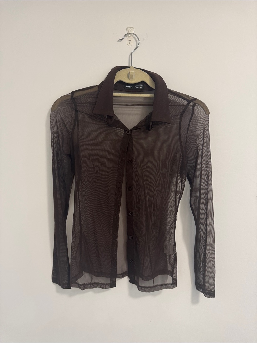 SHEIN Dark Brown Sheer Button-Front Blouse